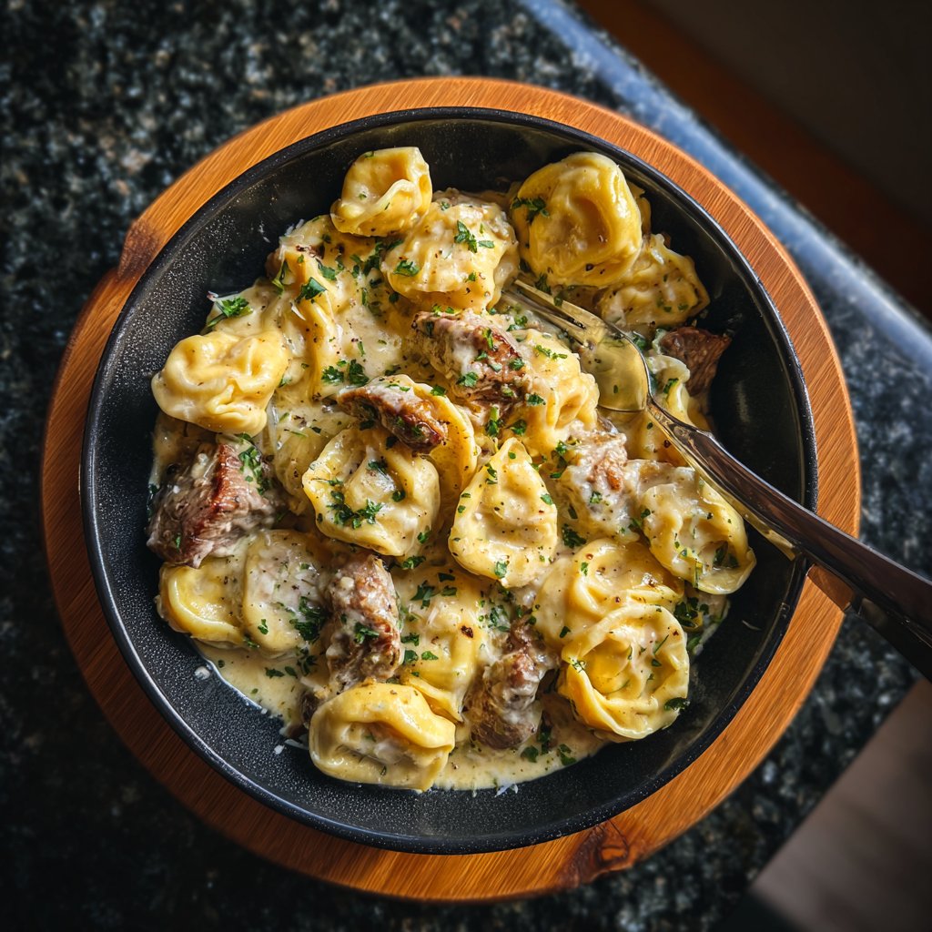 Garlic Steak Tortellini with Parmesan Cream Sauce