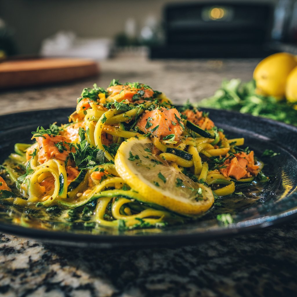 Lemon Zucchini Salmon Noodles
